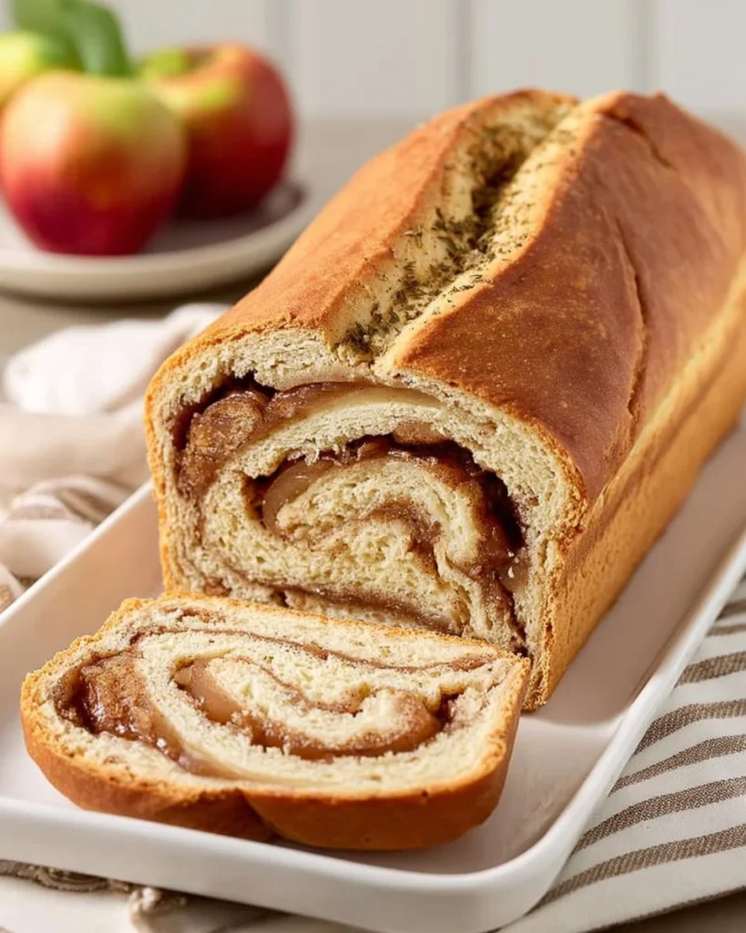 Homemade apple cinnamon swirl loaf fresh out of the oven, sliced and ready to enjoy.