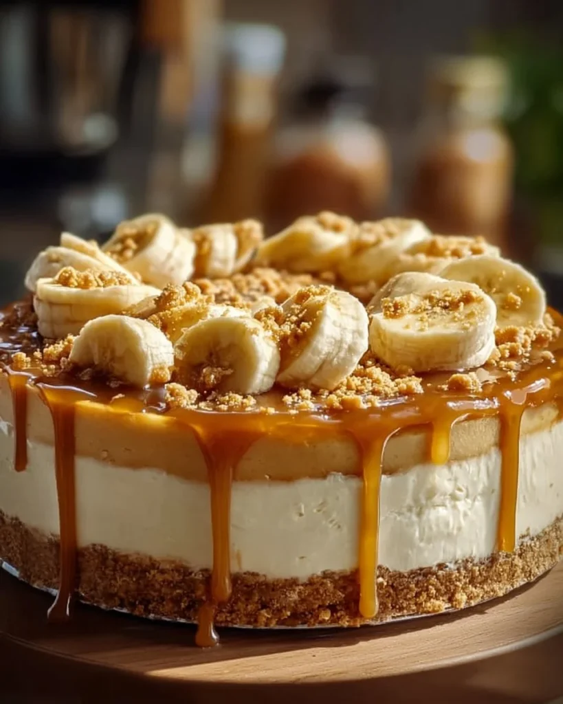 Delicious homemade banana pudding cheesecake topped with whipped cream and banana slices.