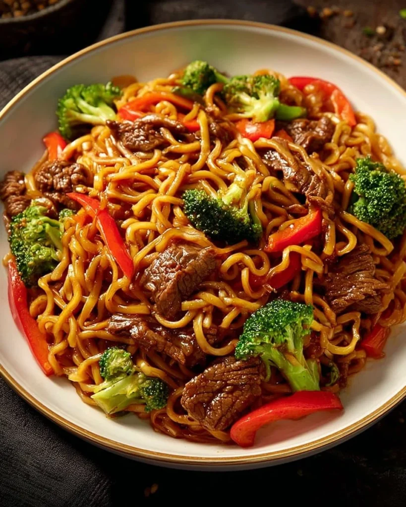Plate of homemade beef lo mein with vegetables and tender beef
