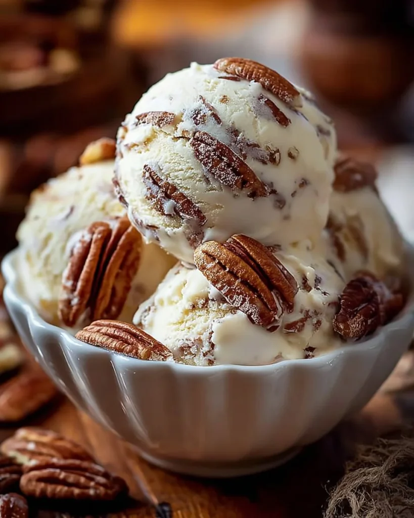 Bowl of homemade butter pecan ice cream topped with crunchy pecans