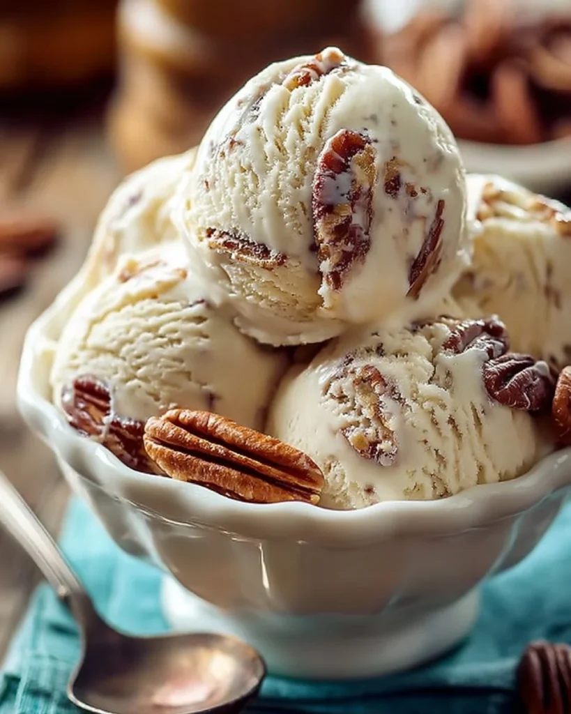 A bowl of homemade butter pecan ice cream topped with chopped pecans.