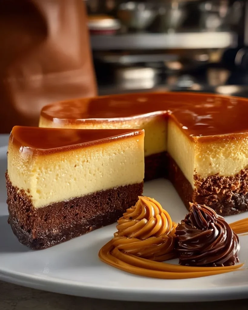 Delicious homemade Chocoflan dessert with chocolate cake and flan layers