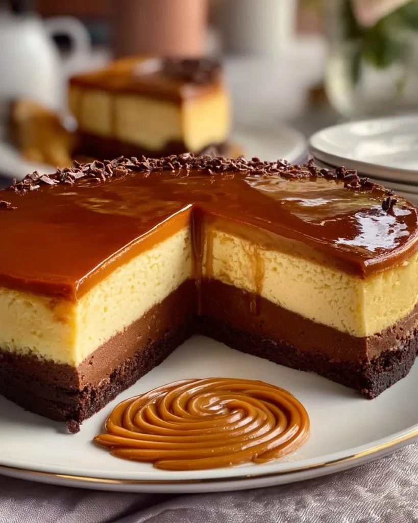 Delicious homemade chocoflan dessert with layers of chocolate cake and flan
