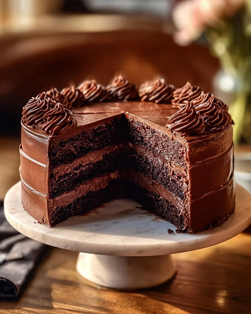 Delicious homemade chocolate cake with frosting on a decorative plate