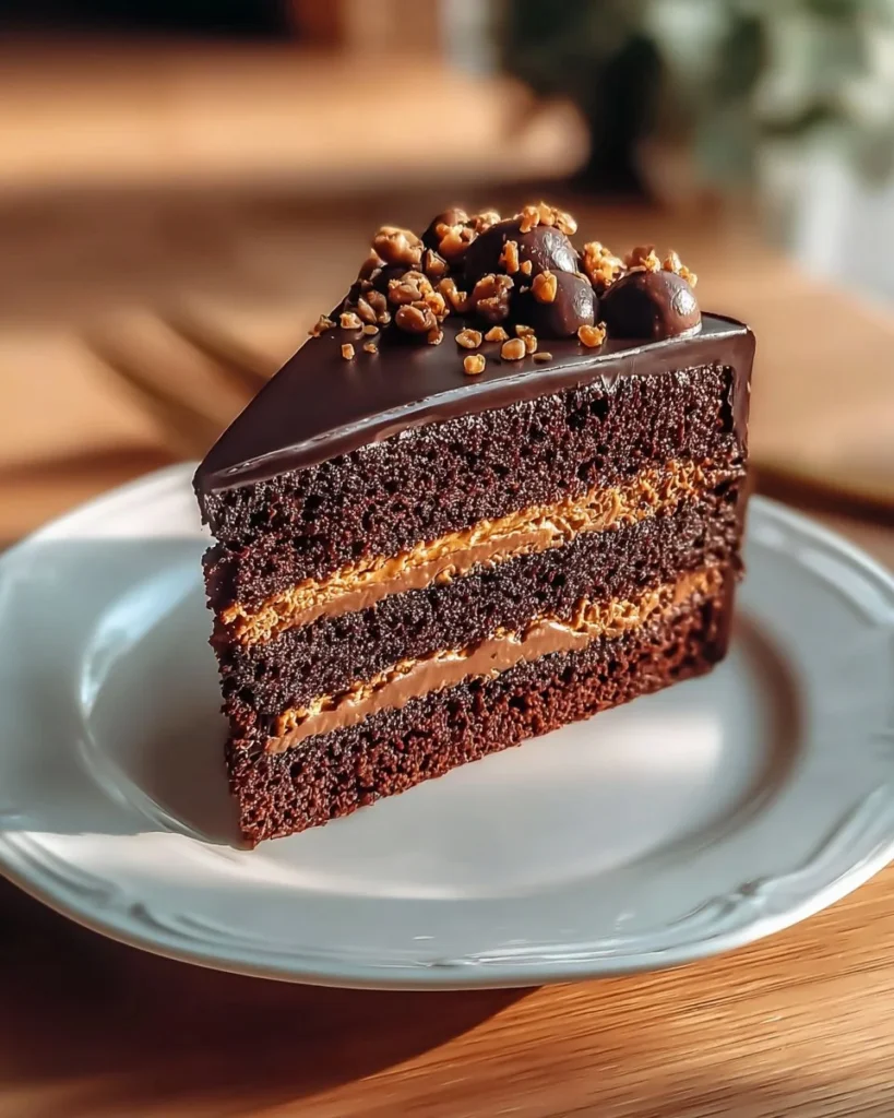 Homemade chocolate cake, rich chocolate frosting, and a scrumptious slice