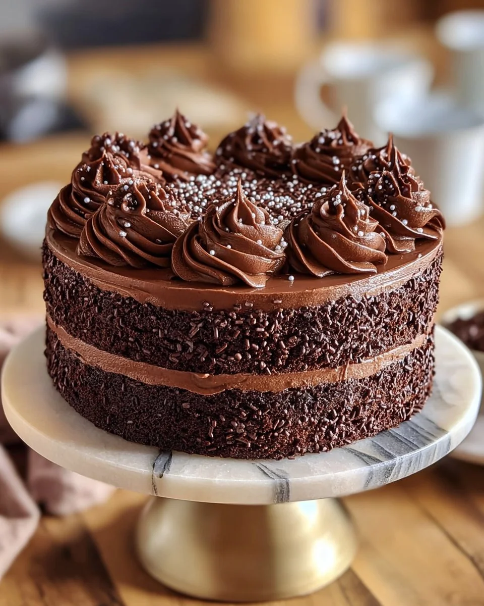 Slice of homemade chocolate cake with frosting on a plate