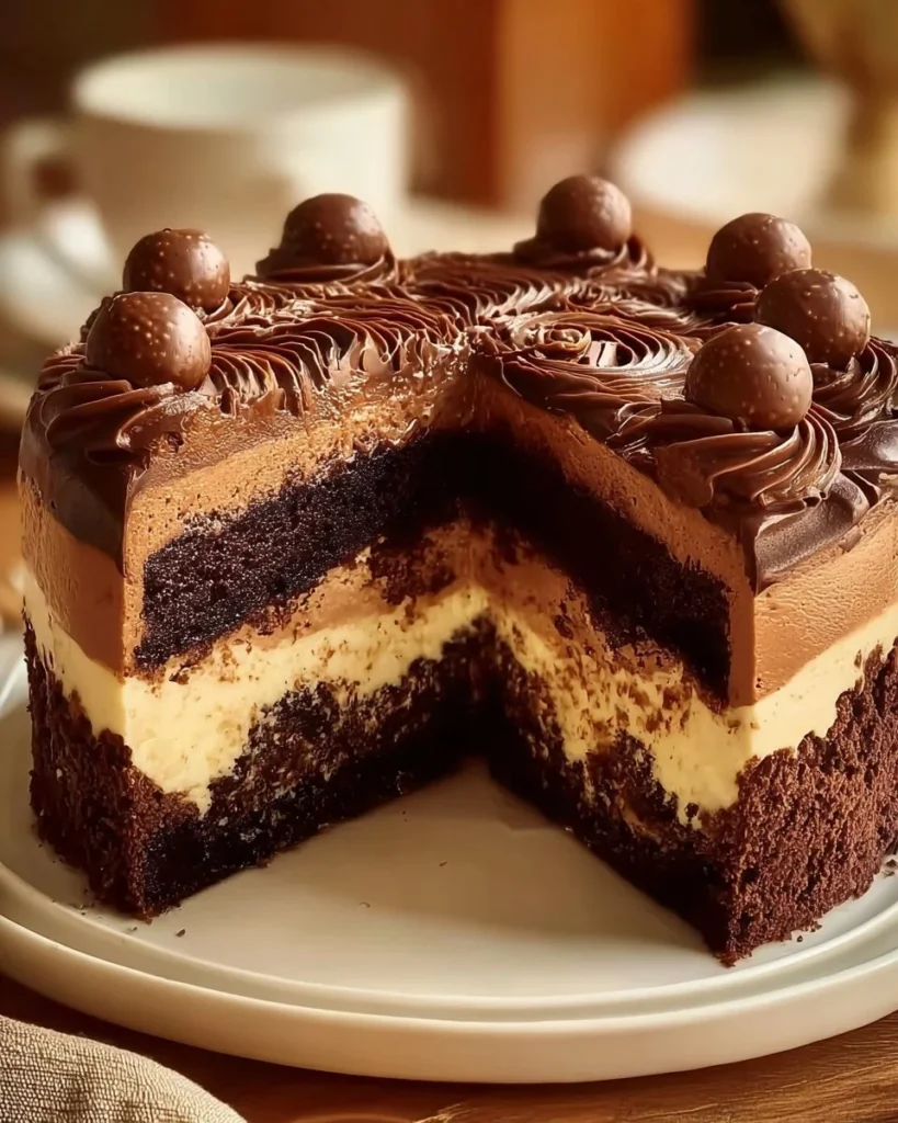 Delicious homemade chocolate cake topped with chocolate frosting and decorations