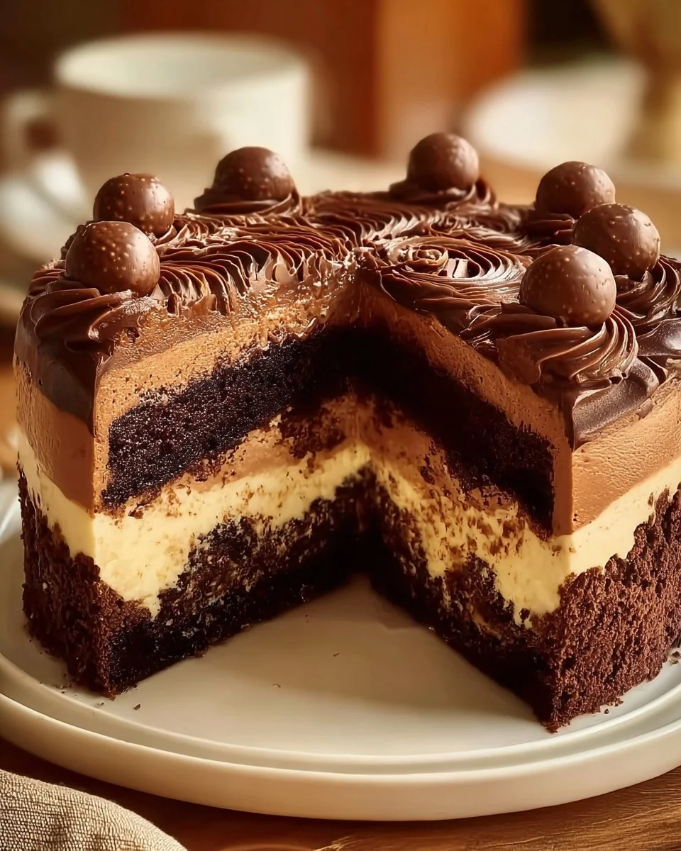 Delicious homemade chocolate cake topped with chocolate frosting and decorations