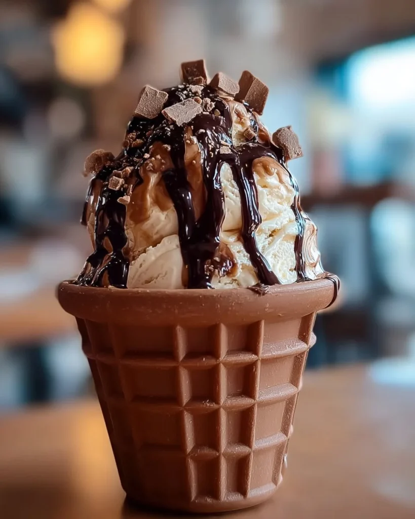 Delicious homemade chocolate ice cream in a bowl with chocolate shavings on top