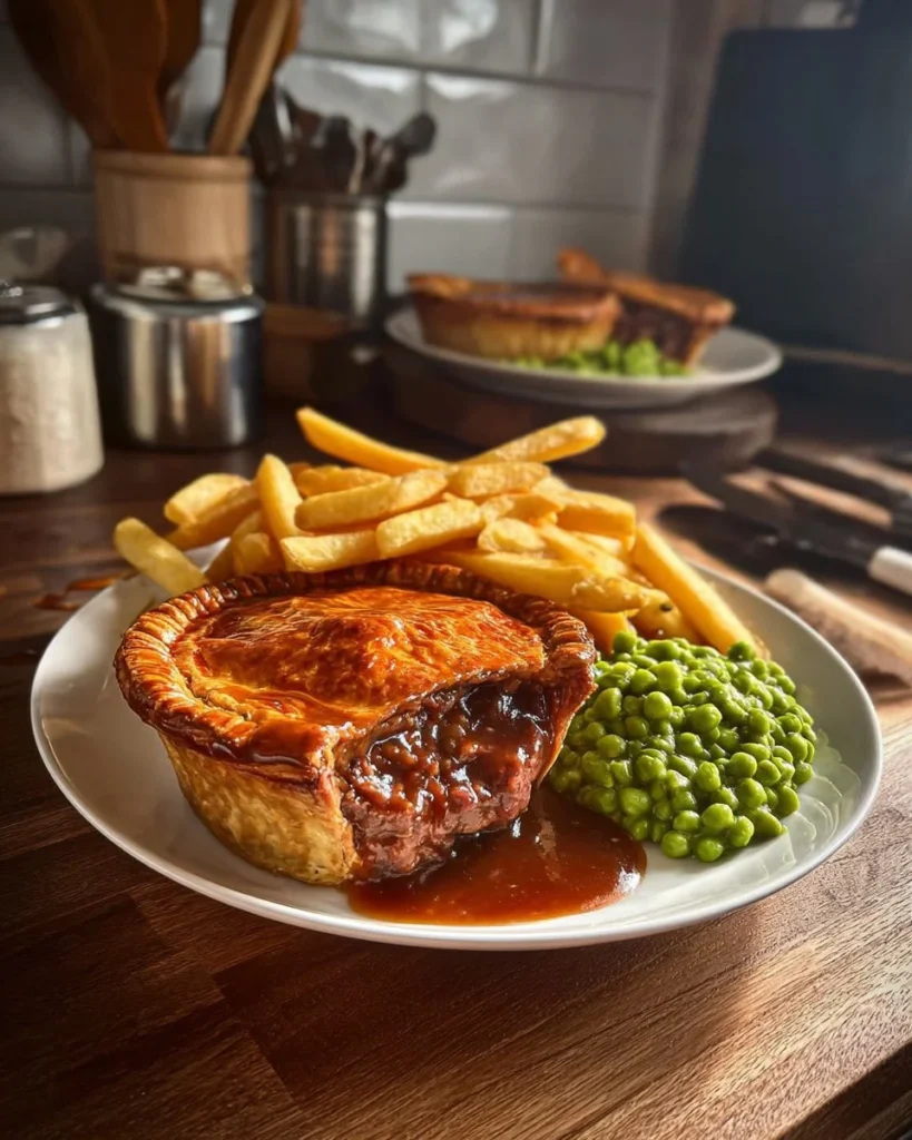 Freshly baked homemade corned beef pie served with herbs.