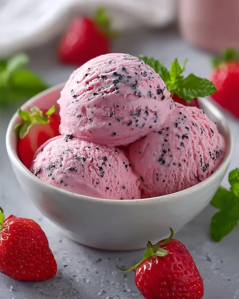 Bowl of homemade dragonfruit strawberry ice cream with fresh fruit garnish