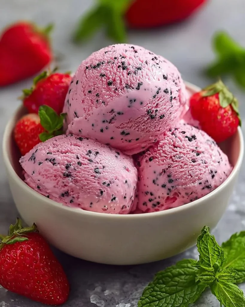 Delicious homemade dragonfruit strawberry ice cream in a bowl