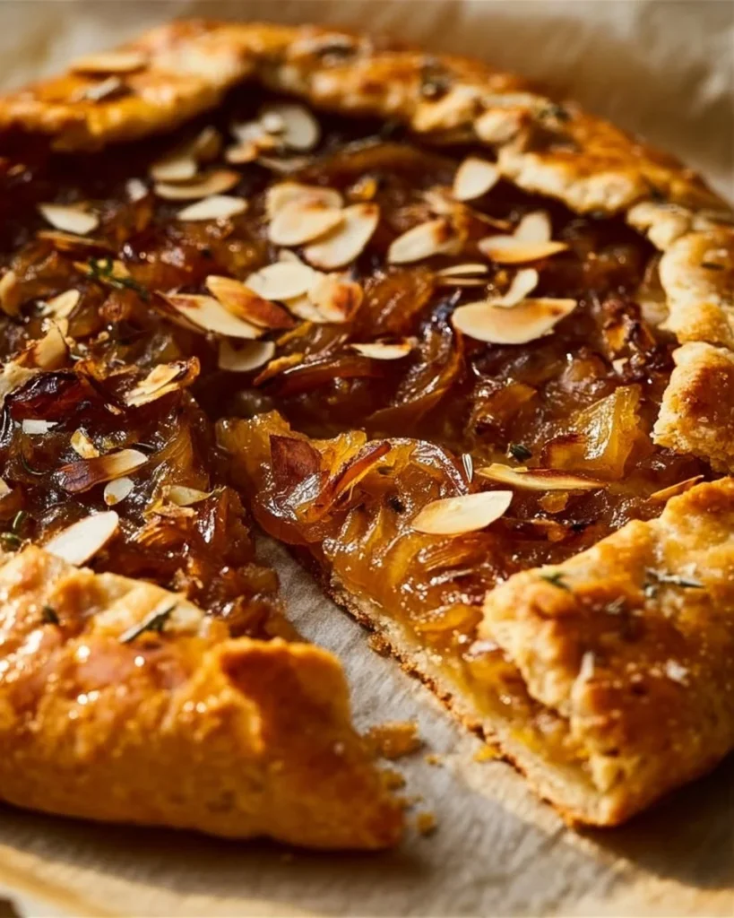 Homemade galette topped with caramelized onions and pumpkin, showcasing a rustic pastry