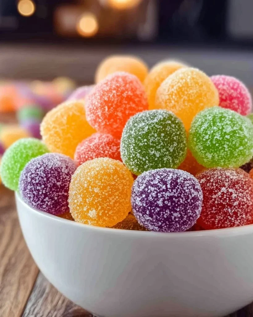 Plate of colorful homemade gumdrops made with sugar and fruit juice