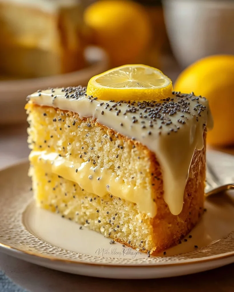 Homemade lemon poppy seed pudding cake topped with lemon zest and poppy seeds