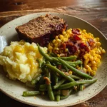 Homemade meatloaf served with mashed potatoes and fresh vegetables on a plate