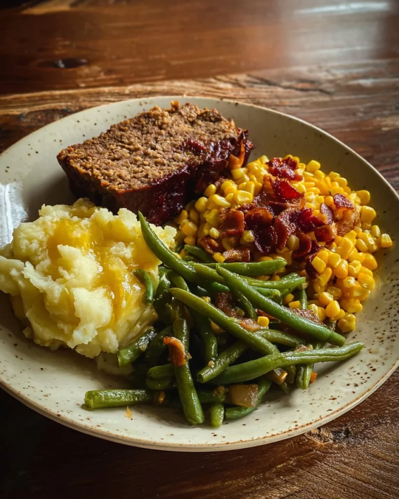Homemade meatloaf served with mashed potatoes and fresh vegetables on a plate