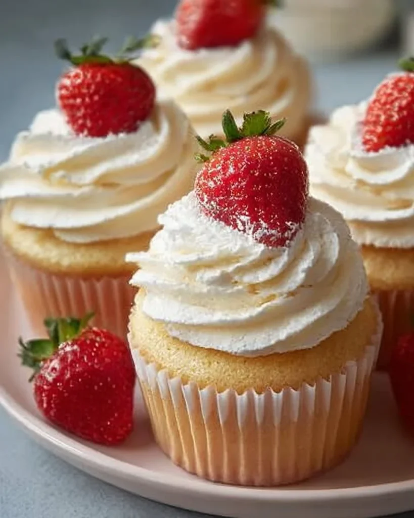 Homemade moist vanilla cupcakes with creamy frosting