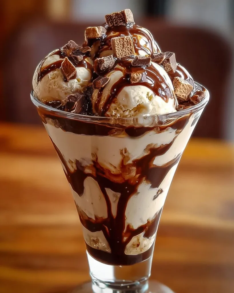 Homemade Moose Tracks ice cream served in a bowl with fudge and peanut butter cups.