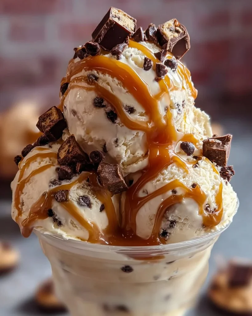 Delicious homemade moose tracks ice cream topped with chocolate and peanut butter swirls
