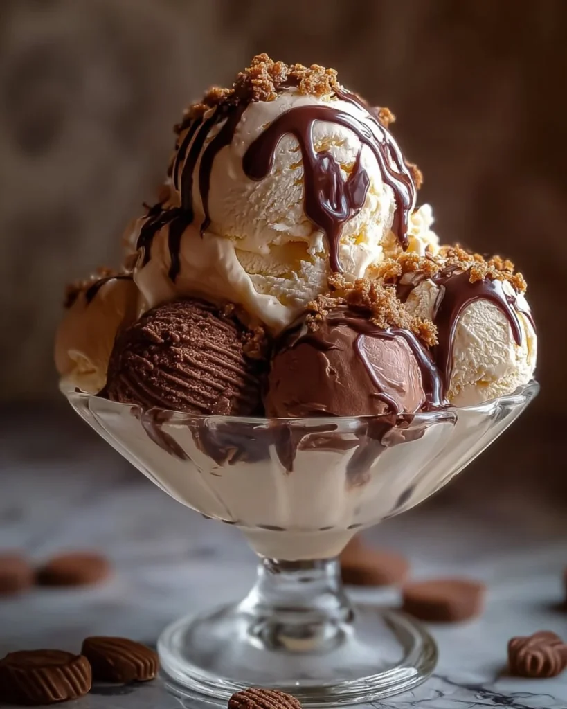 Bowl of creamy homemade moose tracks ice cream with chocolate and peanut butter swirls
