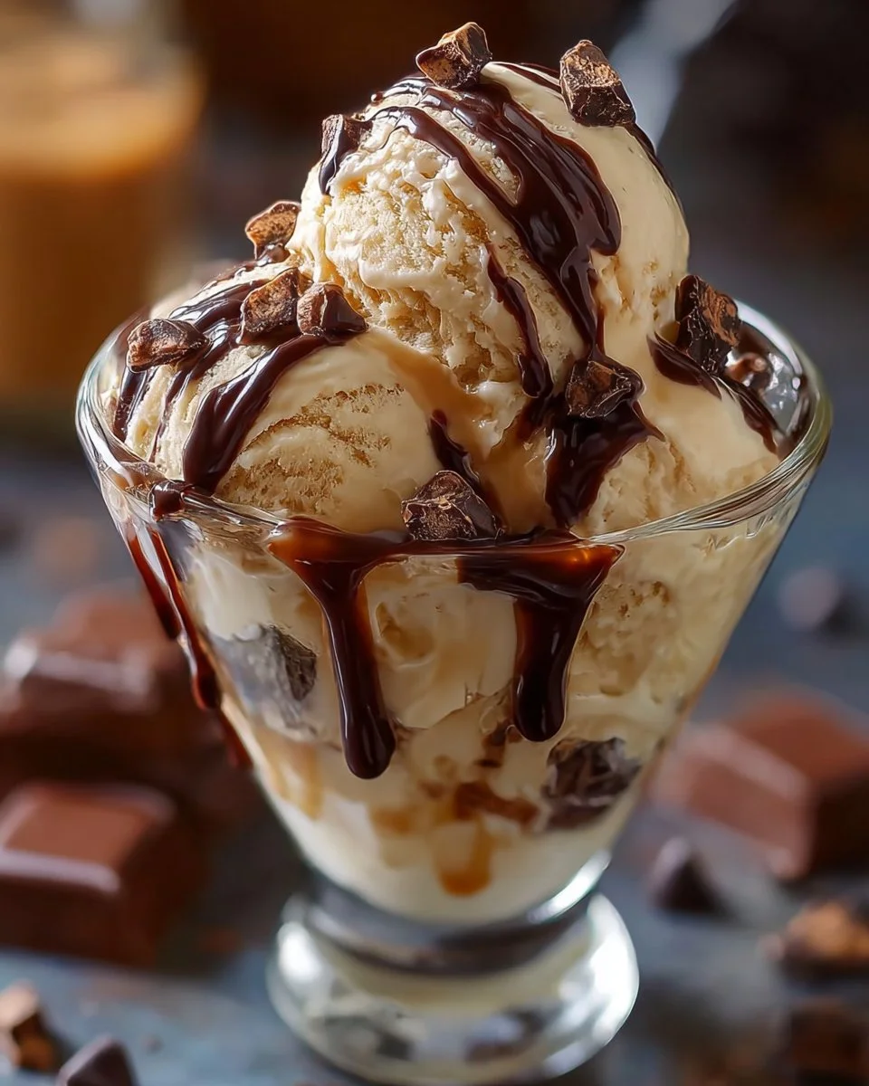 Bowl of homemade moose tracks ice cream with chocolate, peanuts, and vanilla