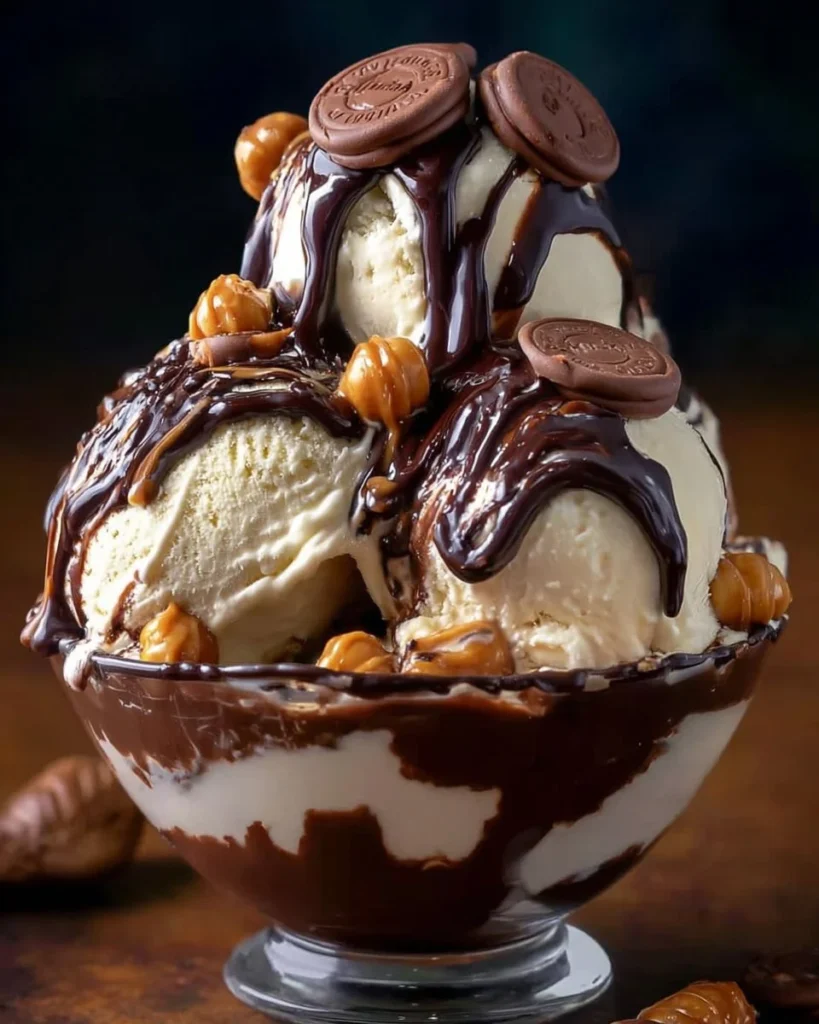 Bowl of homemade moose tracks ice cream with fudge and peanut butter swirls