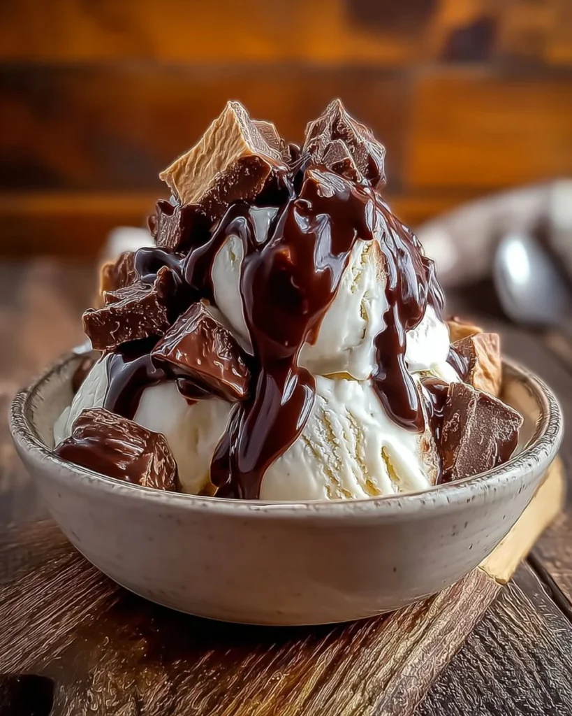 Bowl of homemade Moose Tracks ice cream with chocolate fudge and peanut butter cups