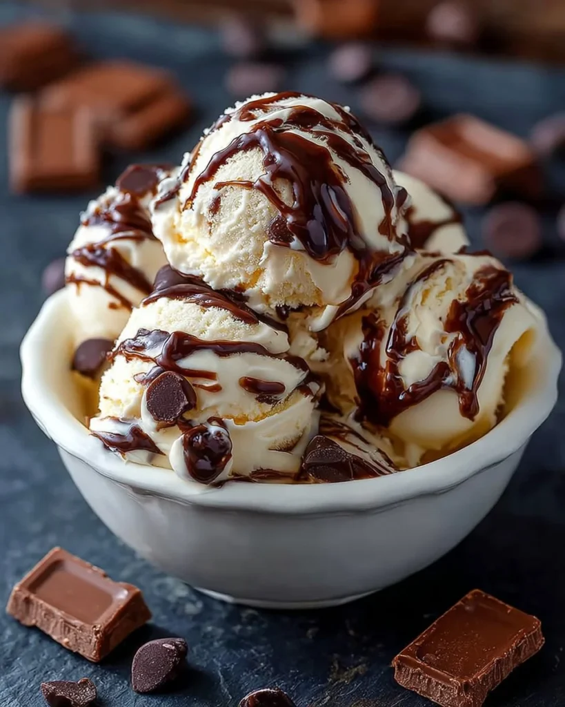Bowl of homemade Moose Tracks Ice Cream with chocolate and peanut butter swirls