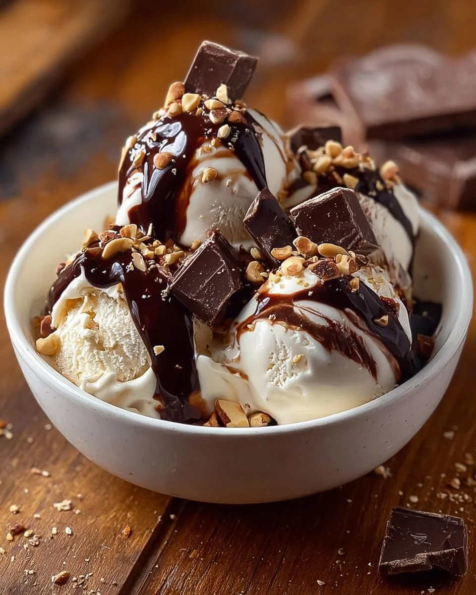 Bowl of homemade moose tracks ice cream with chocolate fudge and peanut butter swirls.