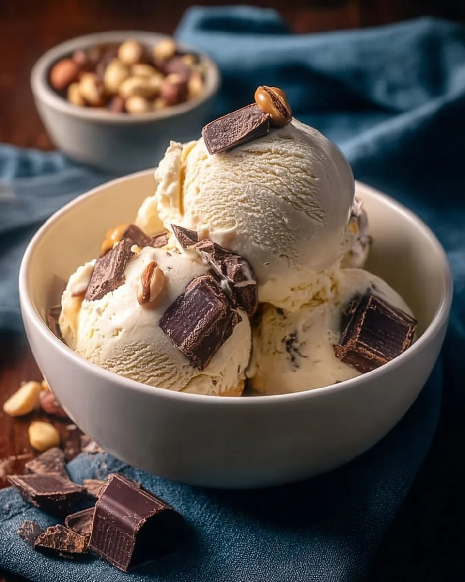 Delicious homemade Moose Tracks ice cream with chocolate fudge and peanut butter cups.