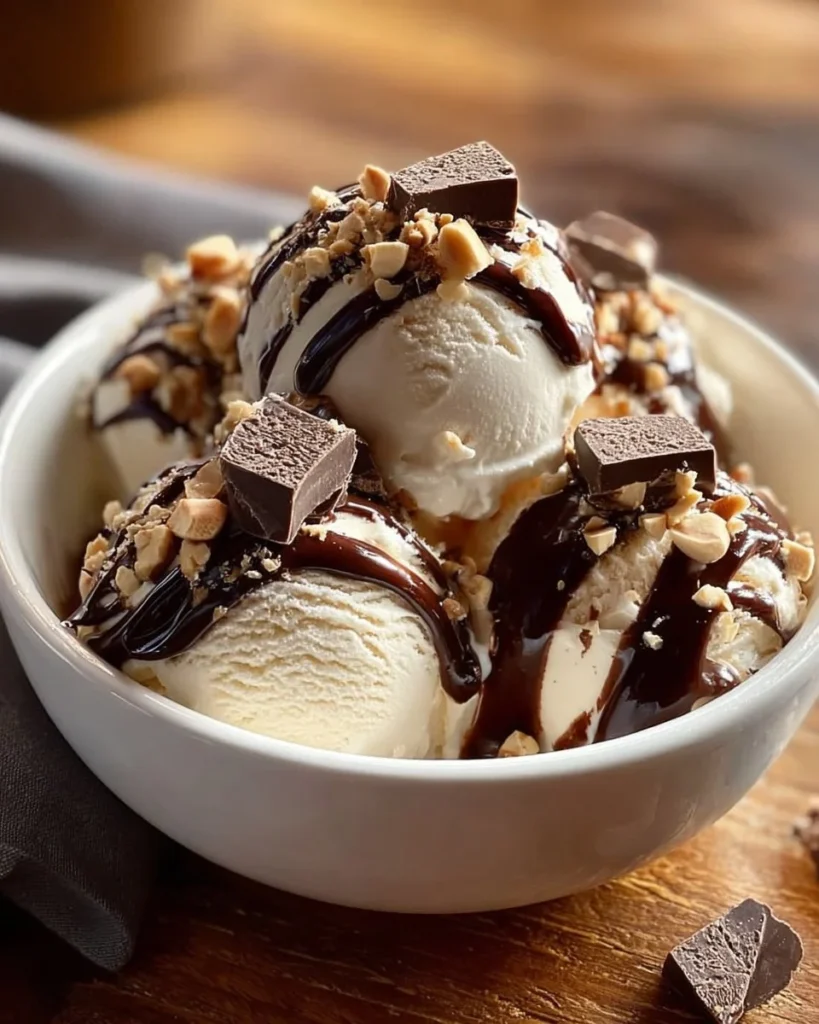 Homemade Moose Tracks ice cream with chocolate fudge and peanut butter cups