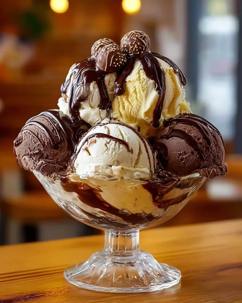 Bowl of homemade moose tracks ice cream topped with chocolate and peanut butter swirls.