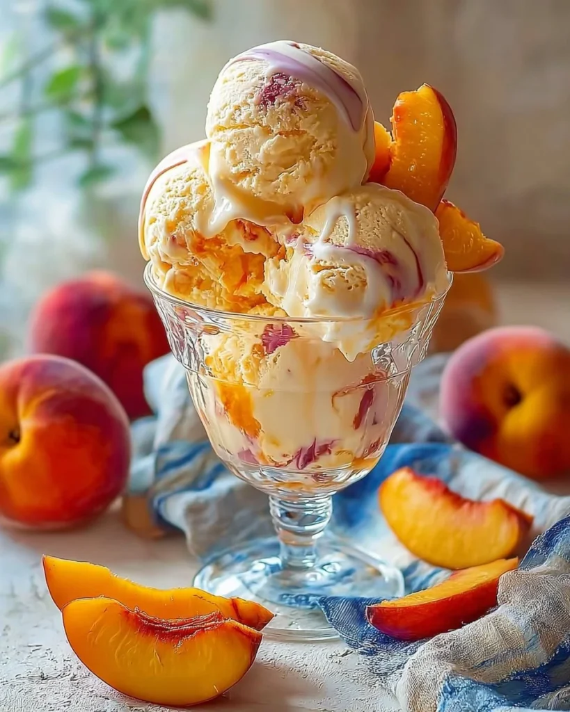 Bowl of homemade peach ice cream garnished with fresh peach slices