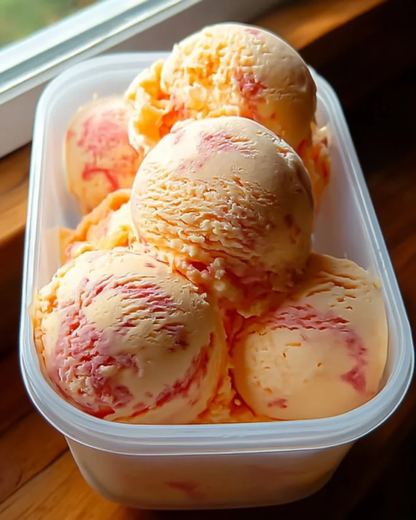Bowl of homemade peach ice cream with fresh peaches