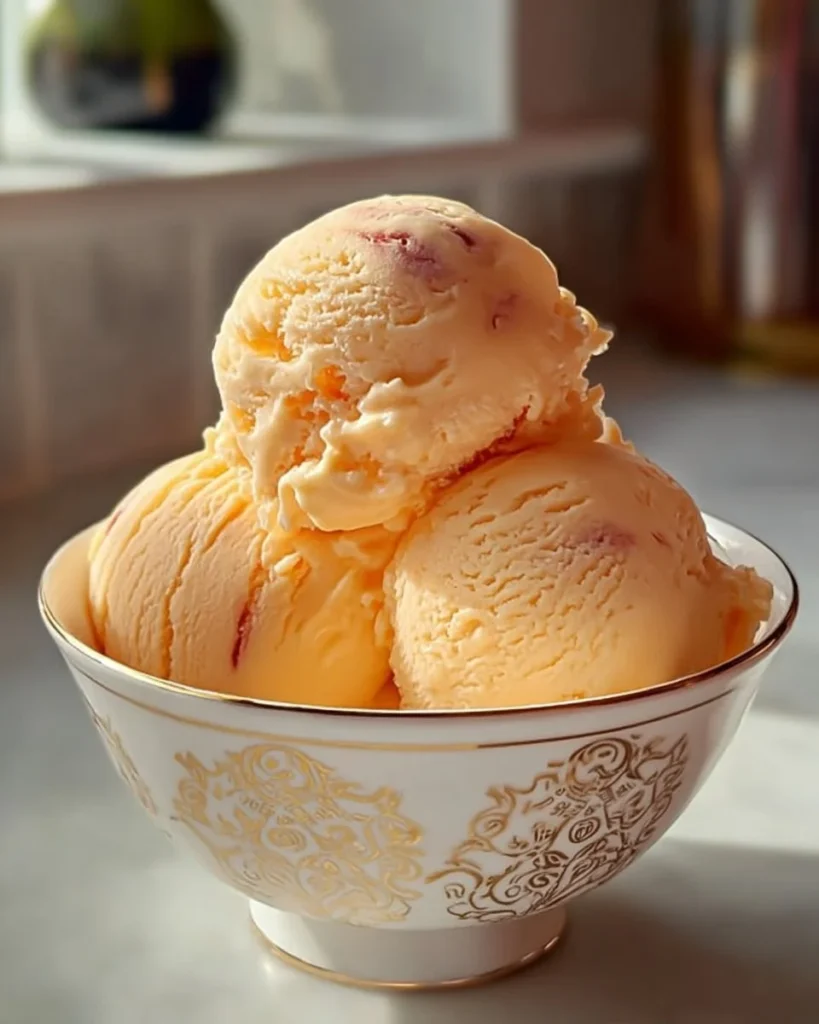 Bowl of homemade peach ice cream with fresh peaches and cream