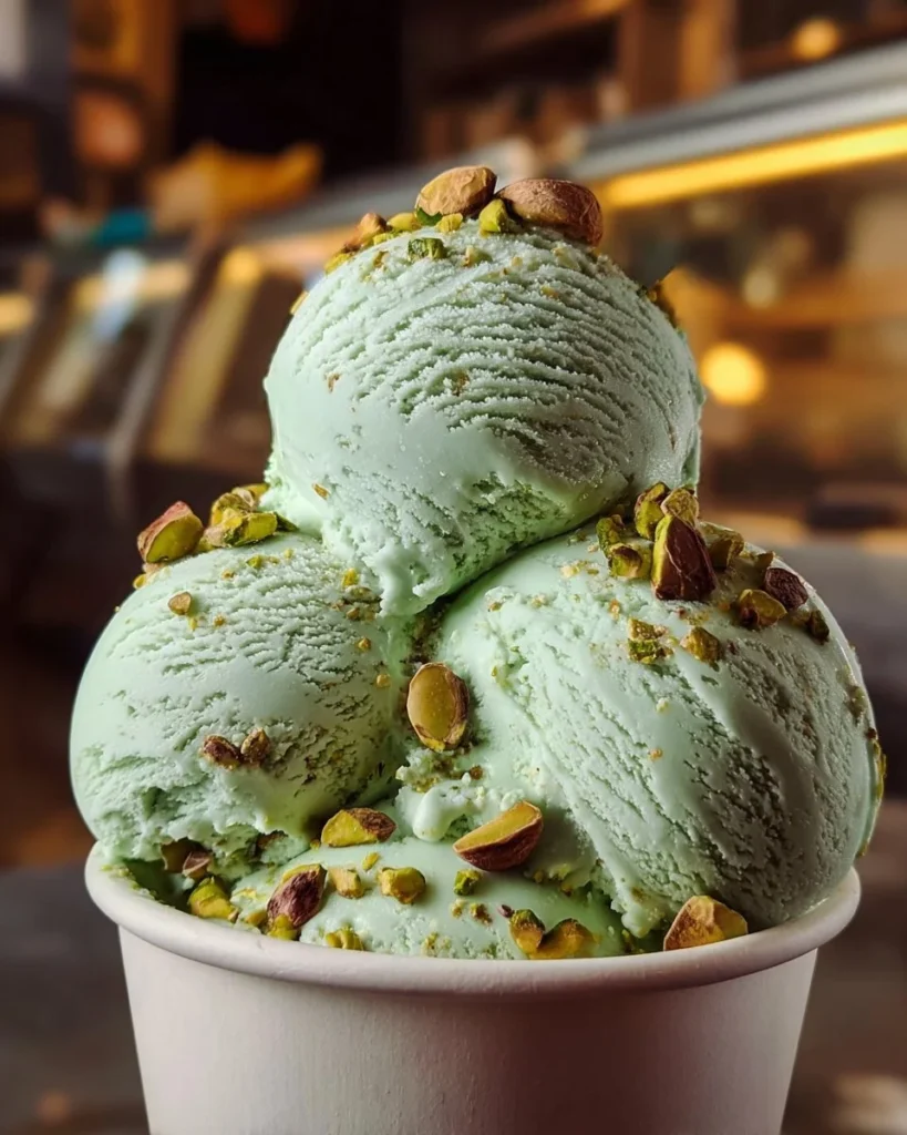 Delicious homemade pistachio gelato in a bowl with pistachios