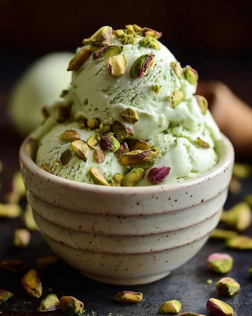 Bowl of creamy homemade pistachio ice cream with chopped pistachios on top