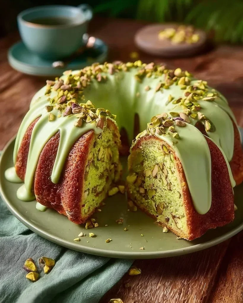 Homemade pistachio pudding cake topped with whipped cream and pistachios
