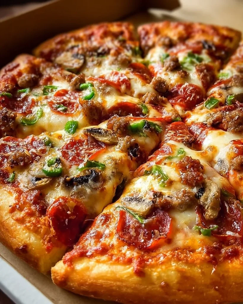 Freshly made homemade pizza with toppings on a wooden board