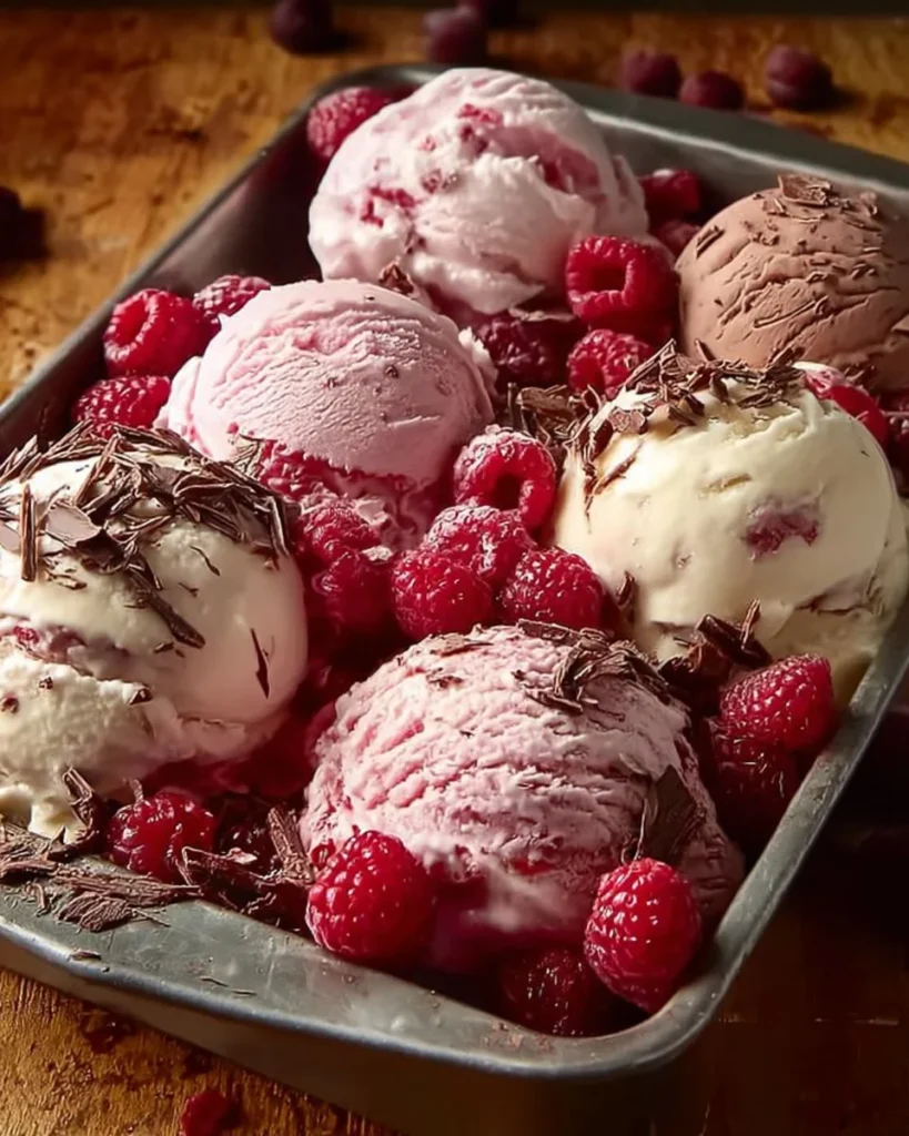 Homemade raspberry ripple ice cream served in a bowl with swirls of raspberry sauce