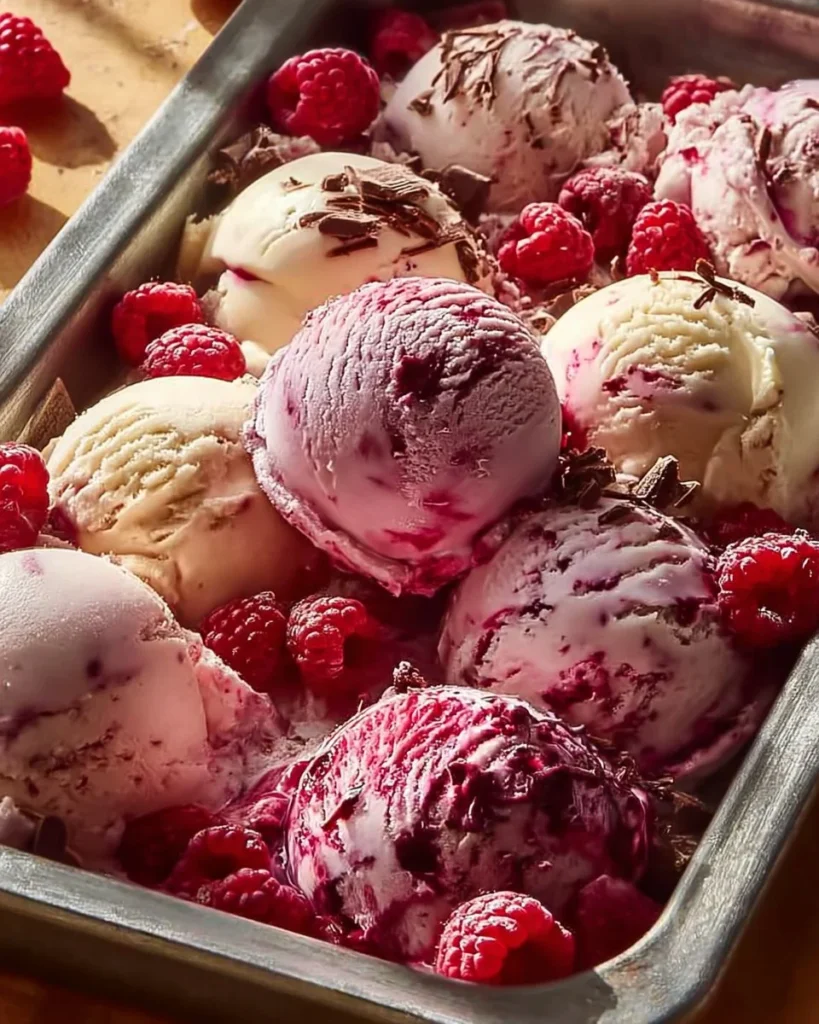Delicious homemade raspberry ripple ice cream with fresh raspberries and cream