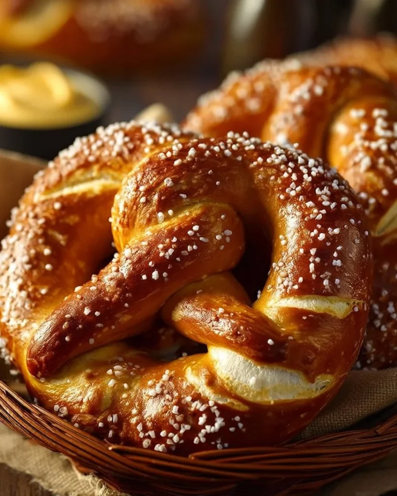 Freshly baked homemade soft pretzels with a golden brown color.