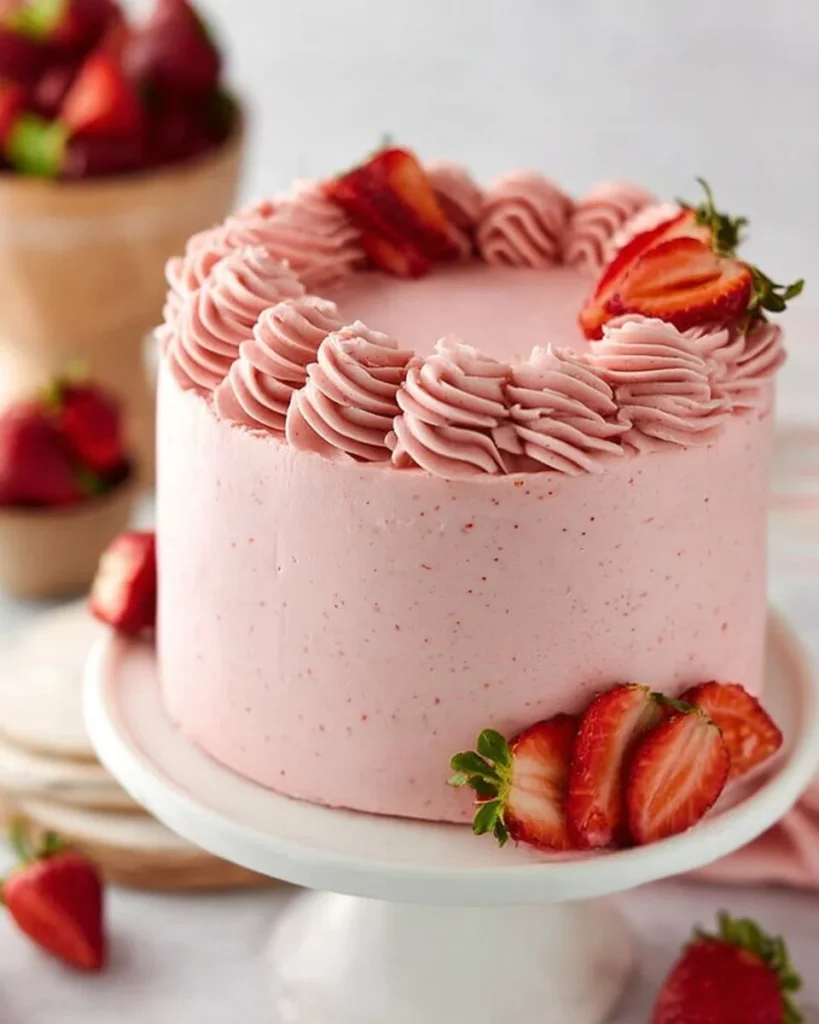 Homemade strawberry cake topped with fresh strawberries and whipped cream.