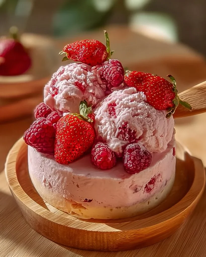 A bowl of homemade strawberry ice cream garnished with fresh strawberries