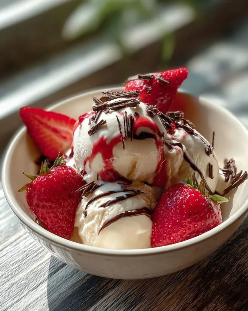 Homemade strawberry vanilla bean ice cream served in a bowl