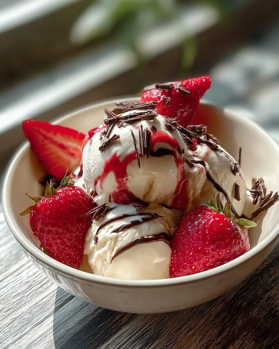 Homemade strawberry vanilla bean ice cream served in a bowl