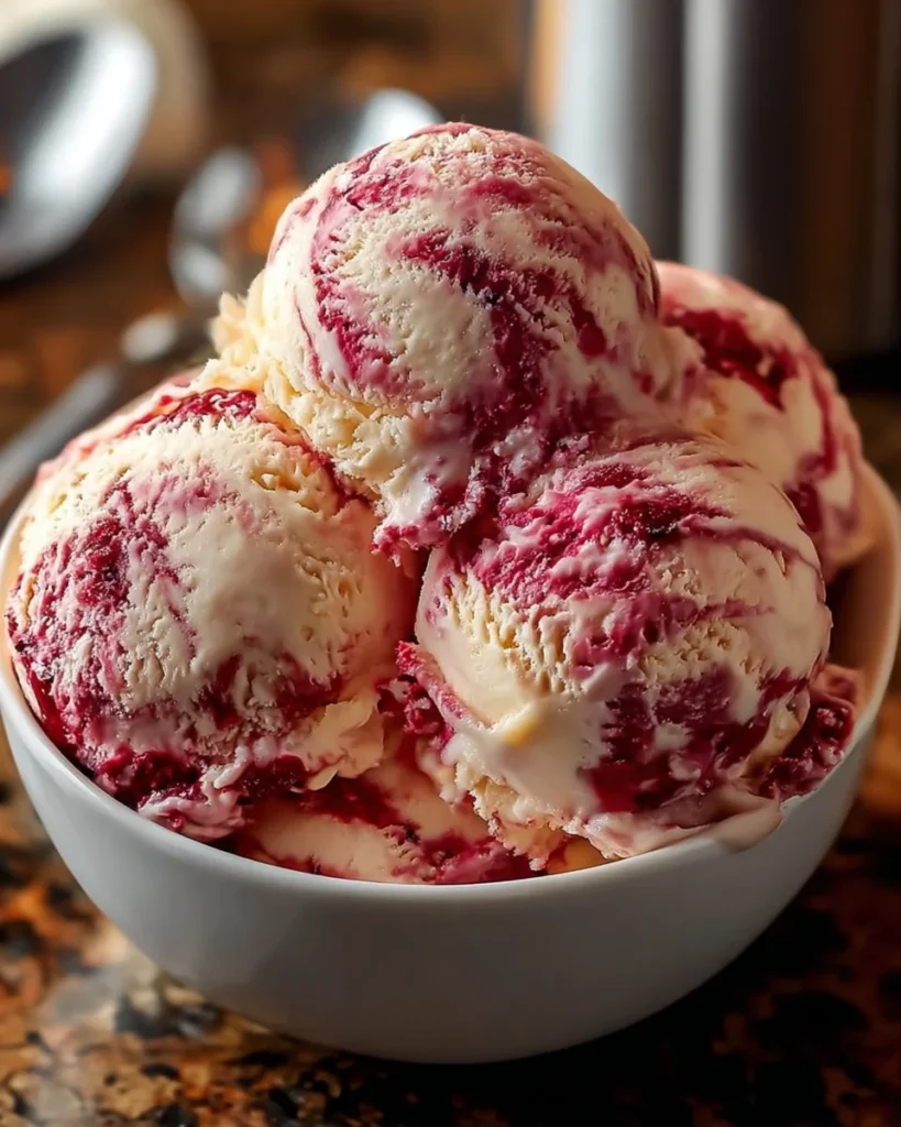 Homemade strawberry vanilla bean ice cream served in a bowl with fresh strawberries.