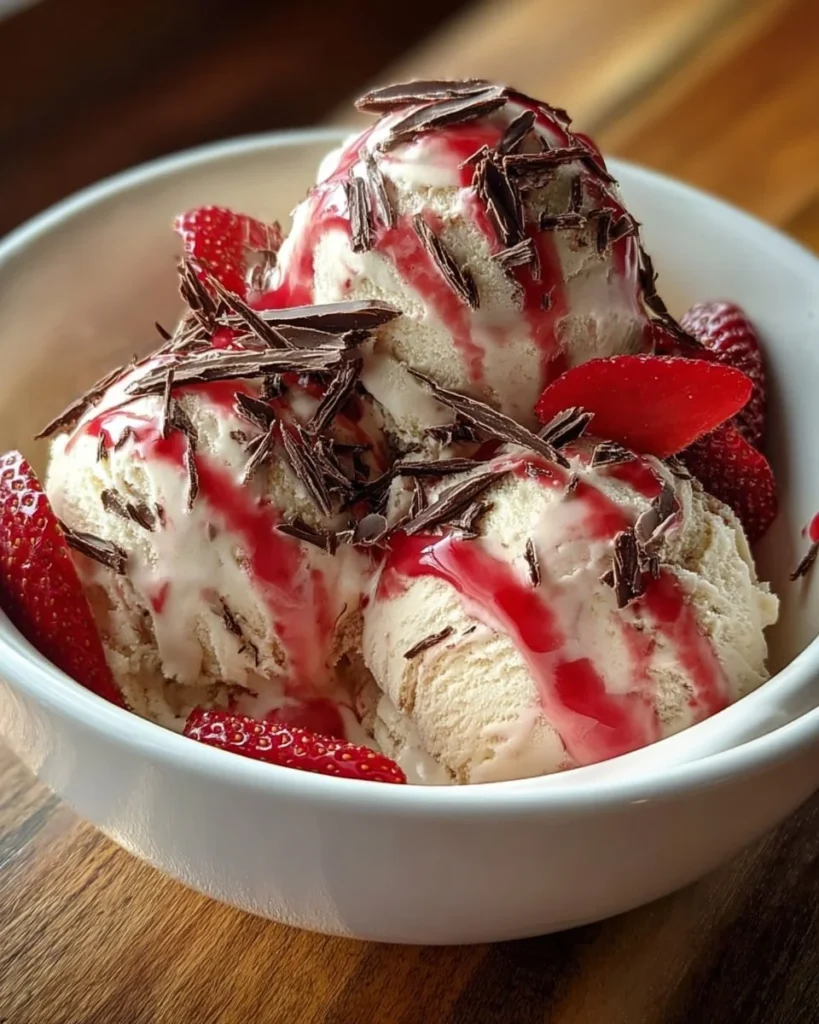 Bowl of homemade strawberry vanilla bean ice cream with fresh strawberries on top.