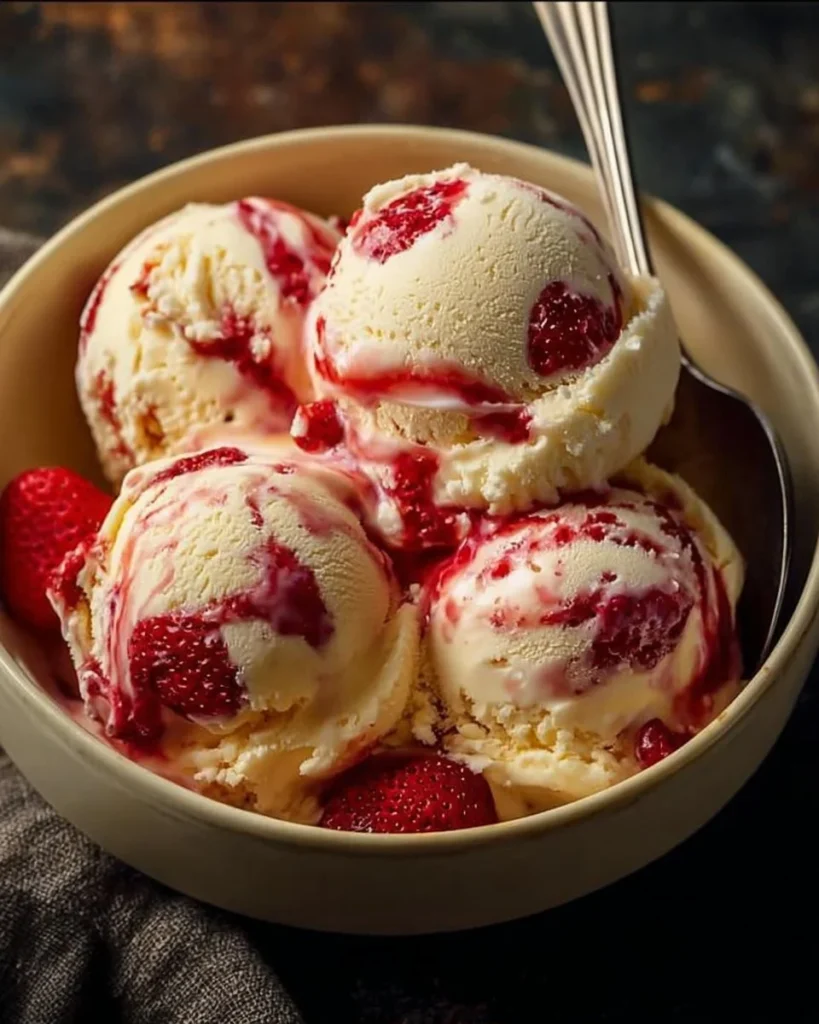 Homemade strawberry vanilla bean ice cream in a bowl with fresh strawberries